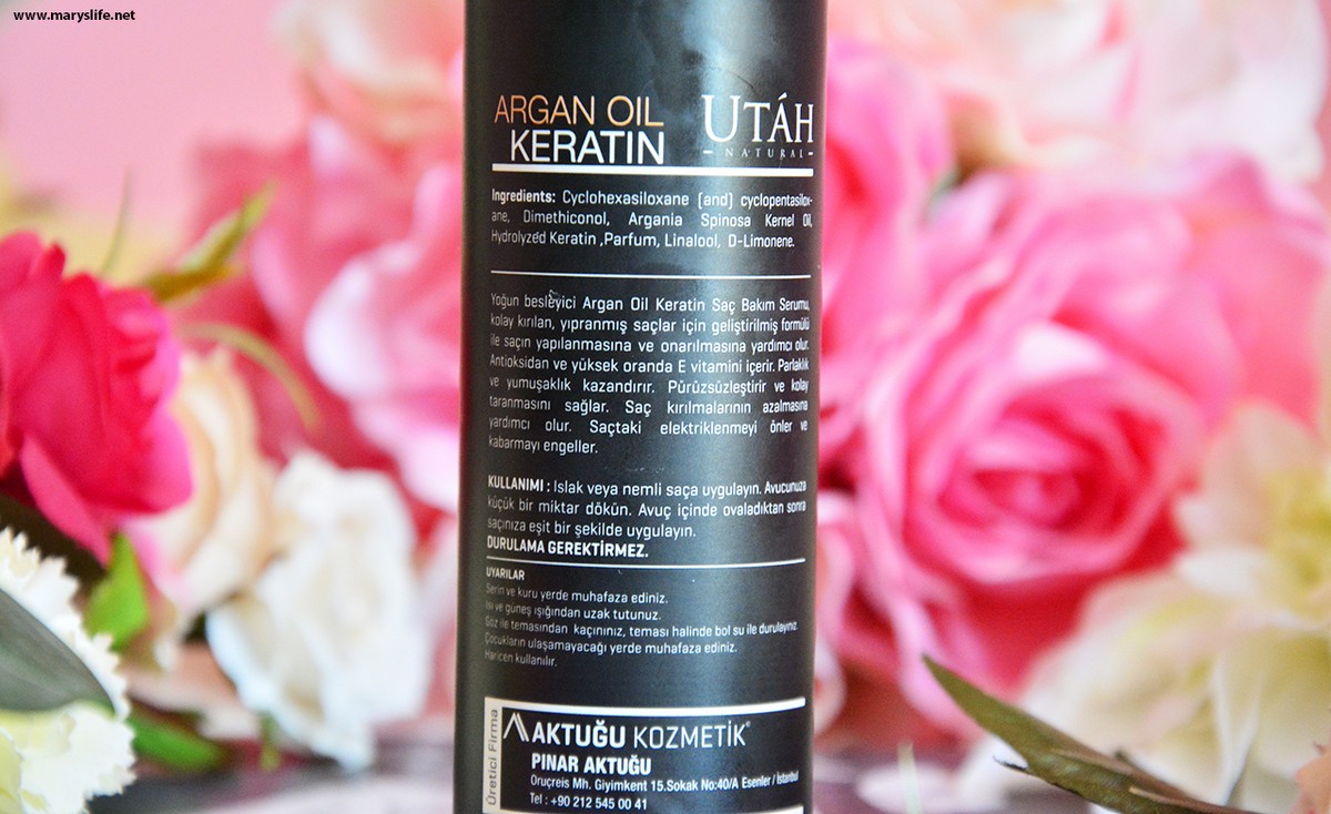 Utah Natural Argan Oil Keratin Saç Serumu İçindekiler